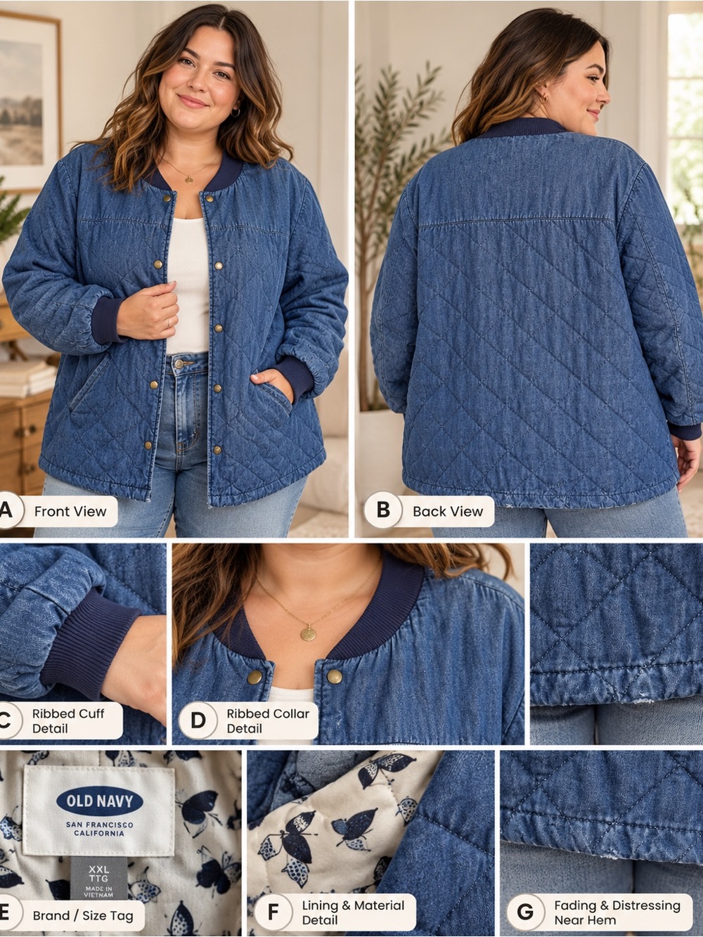 Old Navy Quilted Denim Chambray Bomber Jacket in Blue Size XXL Preppy